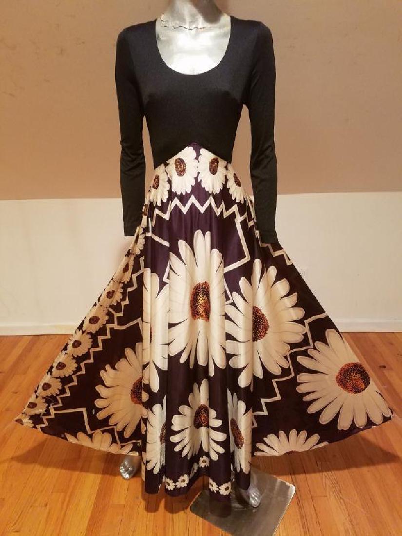 ELINOR GAY 1960 Trapeze psychedelic maxi gown Flower: A stunner by famous Designer ELINOR GAY .Mod flower power psychedelic maxi fluid gown. Fitted jersey bodice with a scoop neck line. The skirt is full and fluid like a dream there are sequins of mother