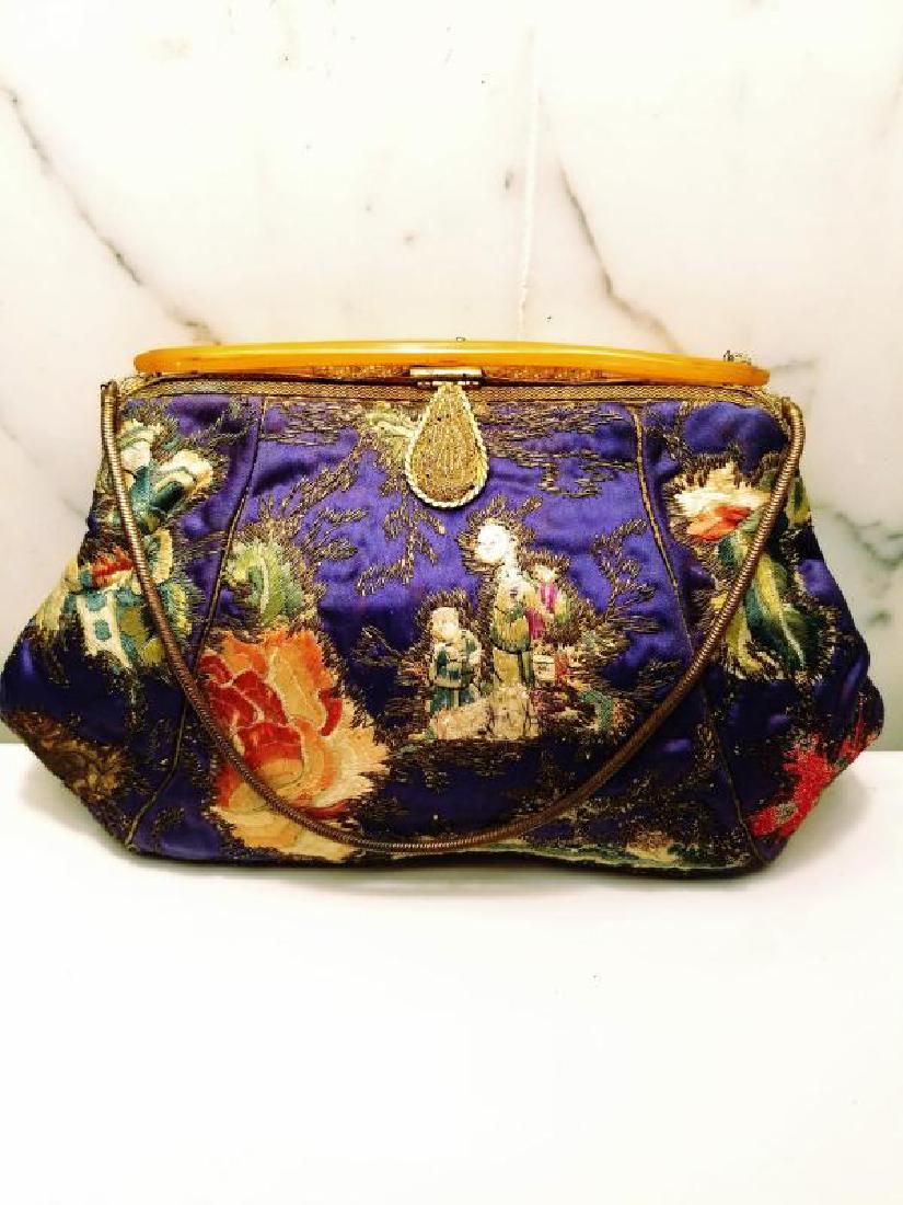 Antique Chinese silk stitch embroidered purse bakelite (1 of 9)