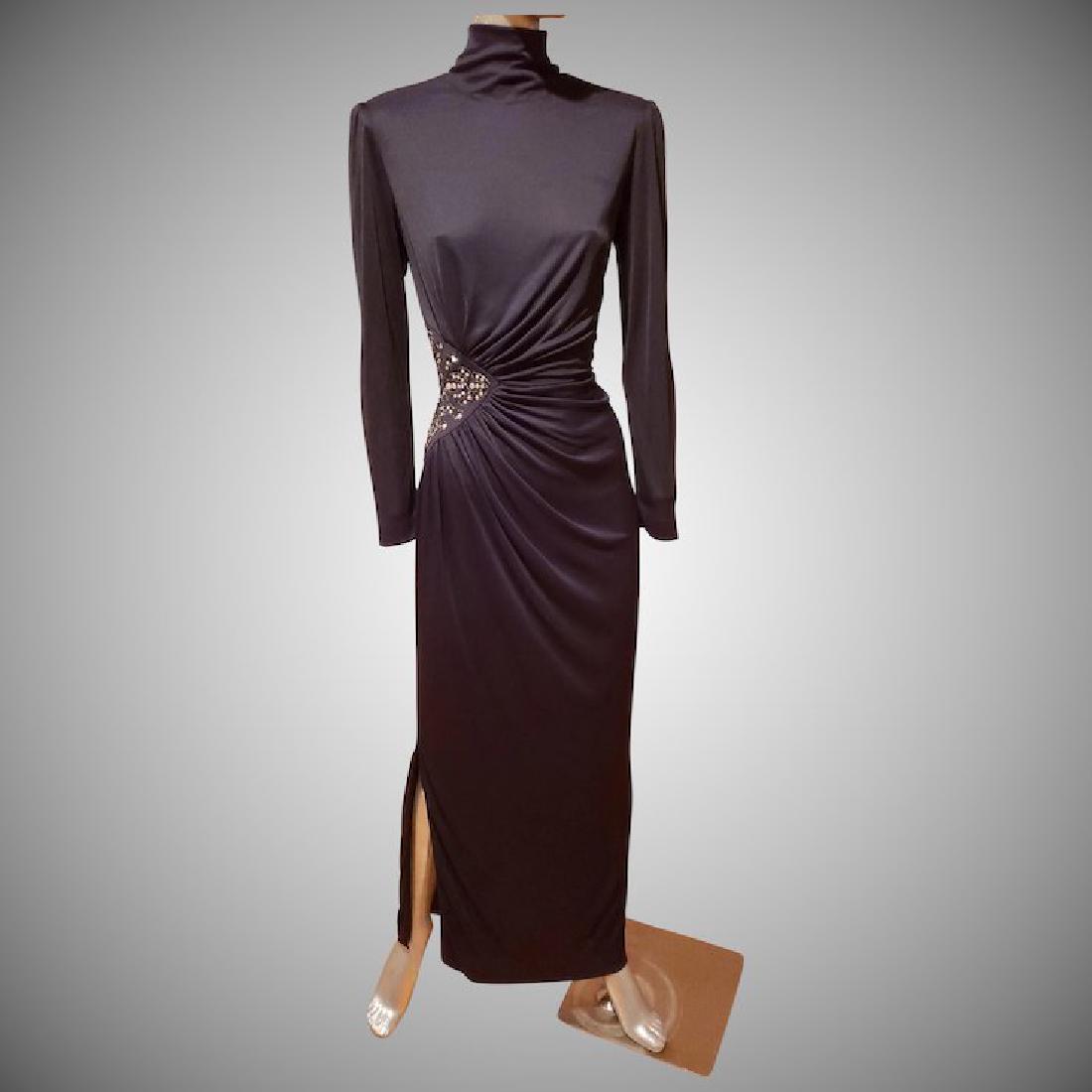 Vtg Lilli Diamond maxi embellished cocktail Body con: Iconic Lilli Diamond maxi vixen embellished dress. side jewelled high scalloped neckline and draped gathered waistline details with high slit to one side. Bust-36" Waist-28" Hip-42" Will stretch No Re