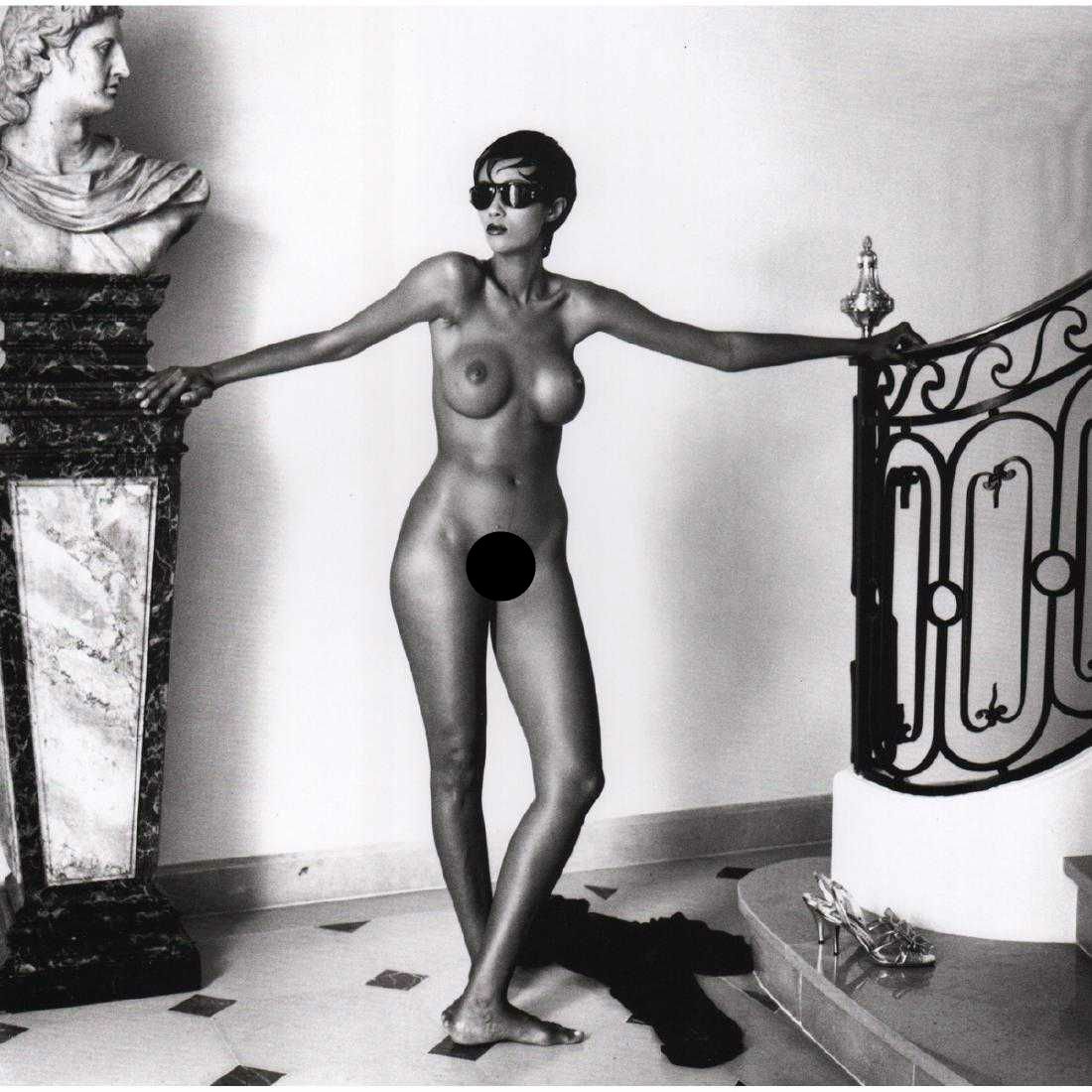 HELMUT NEWTON - Iman, Monte Carlo 1989: Artist: HELMUT NEWTON Print Title: Iman, Monte Carlo 1989 Medium: Photo-Lithograph Printing Date: 2000's Printed in Germany Image size approx: 9.5 x 9.5 inches Helmut Newton (1920-2004) was a German-A