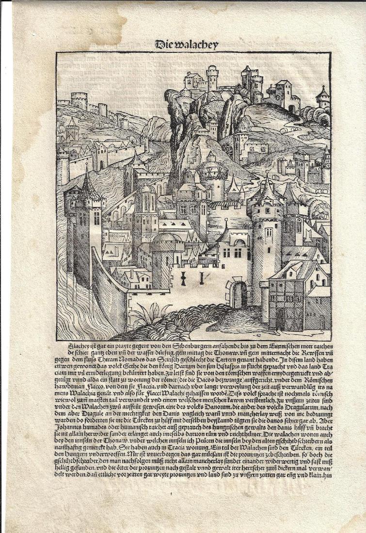 1493 Large City View Nuremburg Chroicle: 1493 Nuremburg Chronicle leaf published by Hartmann Schedel and printed by Anton Koberger with a large town view. From the German edition. Fine with mild discoloration upper left corner and mounting t