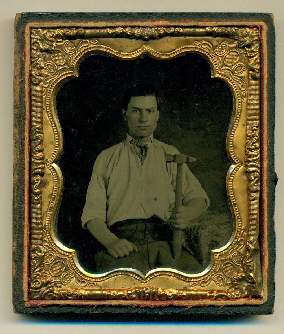 c1860 STRONG OCCUPATIONAL PROUD MAN w LARGE HAMMER & (1 of 2)