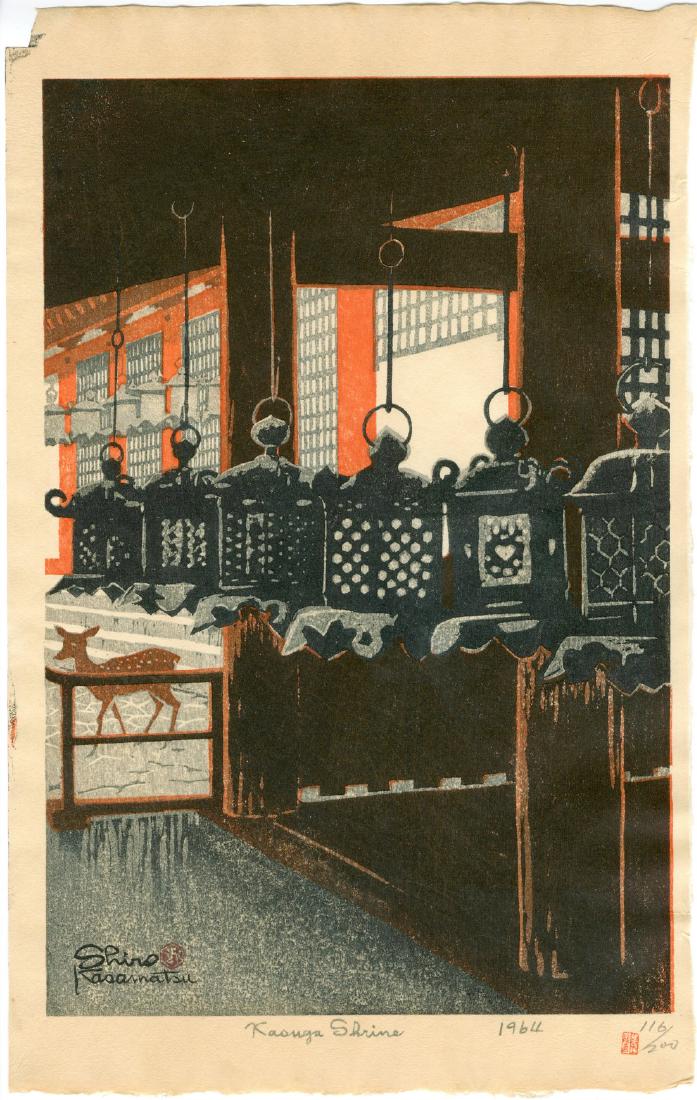 Shiro Kasamatsu Woodblock Kasuga Shrine: Artist: Shiro Kasamatsu Title: Kasuga Shrine Publisher: Self Medium: Japanese Woodblock Print 1964 11.2 X 16.1 inches Limited Edition, 116/200 Please note that this lot has a confidential reserve. Whe
