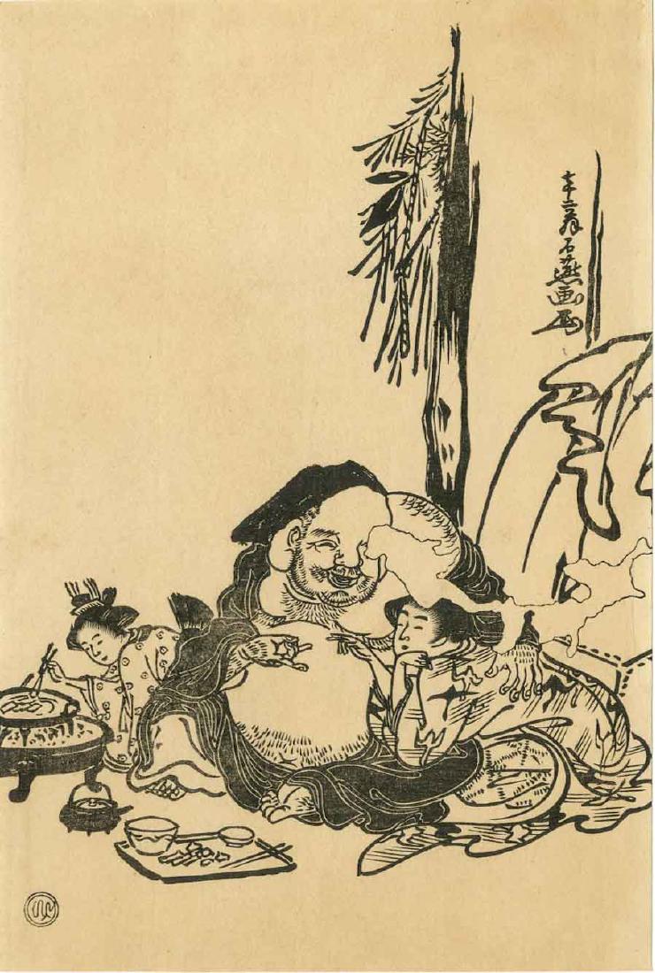 Goyo Hashiguchi (Utamaro) Woodblock Hotei with Two (1 of 2)