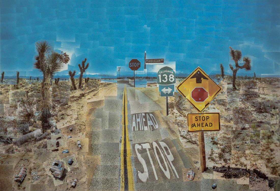 DAVID HOCKNEY - Pearblossom Hwy. 1986: Artist: Hockney, David Title: Pearblossom Hwy. 1986 Medium: Photo Litho, 1989, USA Dimensions: 8.85x6.15" Heat Wax Mounted on 11x14" Conservation Board Please note that this lot has a confidential res