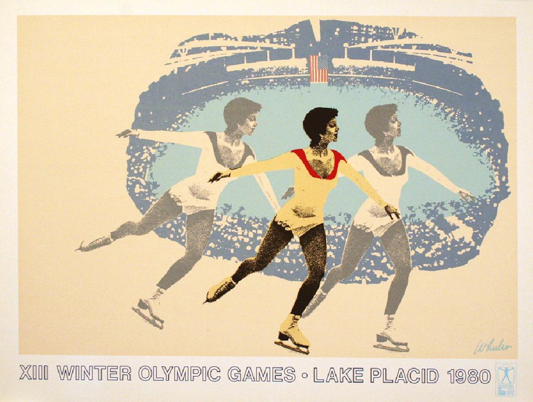 LAKE PLACID 1980 FIGURE SKATER ORIGINAL VINTAGE POSTER: LAKE PLACID 1980 FIGURE SKATER ORIGINAL VINTAGE POSTER Dennis Wheeler 1980 25.5" x 19" This original vintage poster was commissioned by the Olympic Organizing Committee to promote the Winter Olympic G
