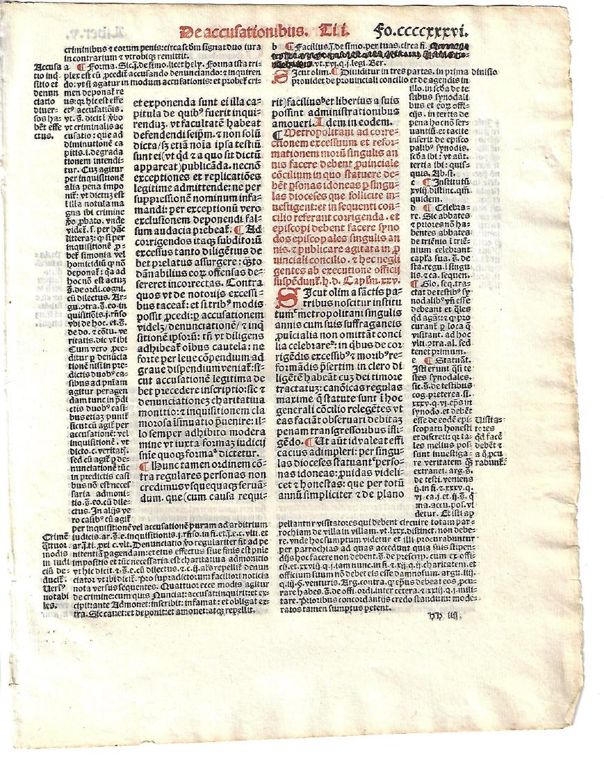 1516 Leaf Red and Black Pope Gregory IX Decretales: 1516 Leaf from the Decretales of Pope Gregory IX, printed at Paris. In red and black. Includes copy of the printer’s imprint with emblem of Thielman Kerver. Fine condition, measures 7 x 9". Please n