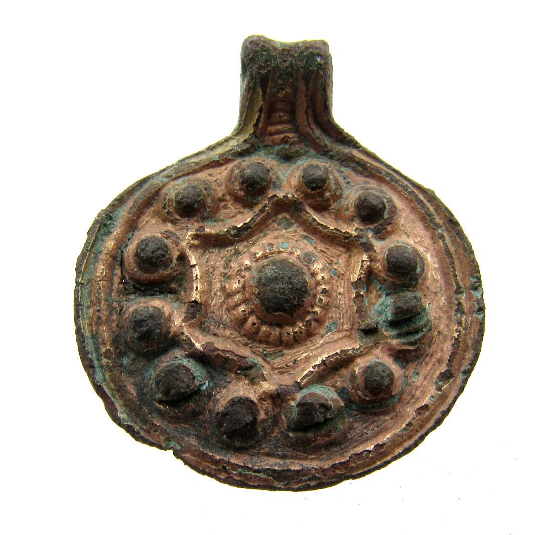 Medieval Viking Era Bronze Astrological Pendant: Medieval Viking Era Bronze Astrological Pendant Date: C. 900 - 1100 A.D. Medieval Viking Era Bronze Astrological Pendant. Professionally cleaned and polished to show original details. This item includ