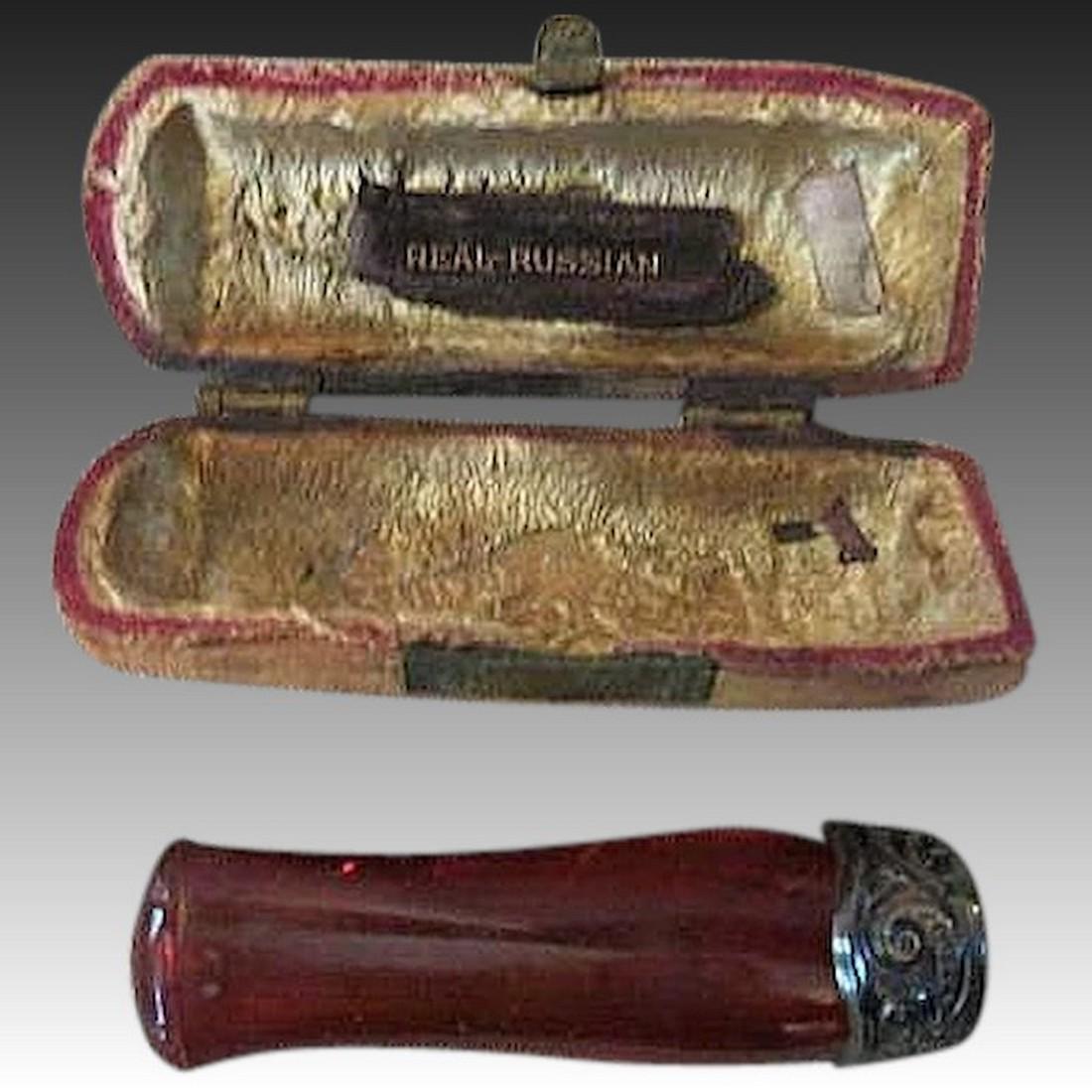 Antique Sterling SILVER Russian AMBER Cigarette Holder (1 of 8)