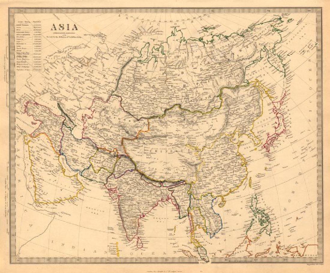 ASIA. India China Arabia Russia Persia. British Burma: TITLE/CONTENT OF MAP: 'ASIA' DATE PRINTED: 1846 IMAGE SIZE: Approx 34.0 x 41.0cm, 13.25 x 16 inches (Large) TYPE: Antique steel engraved map with original outline hand colouring CONDITION: Fair: Spott