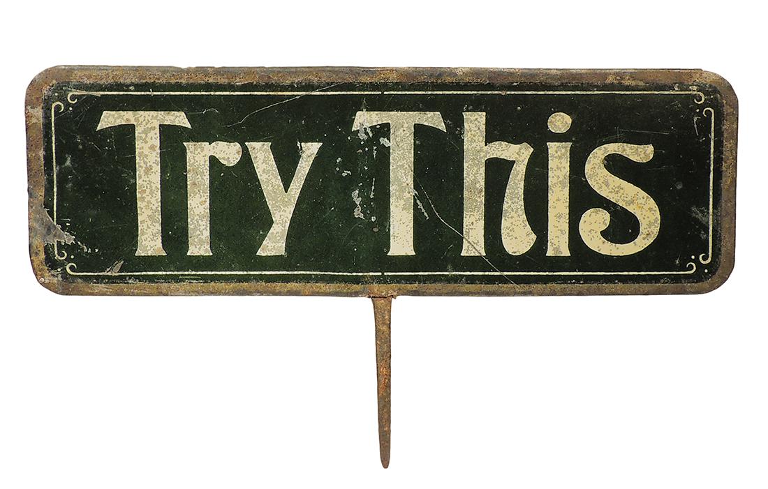 Small tôle fruit shop sign with iron stake, "Try This" (1 of 2)