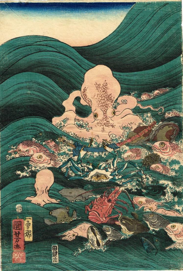 Utagawa Kuniyoshi Woodblock Octopus Among Other Fishes (1 of 1)