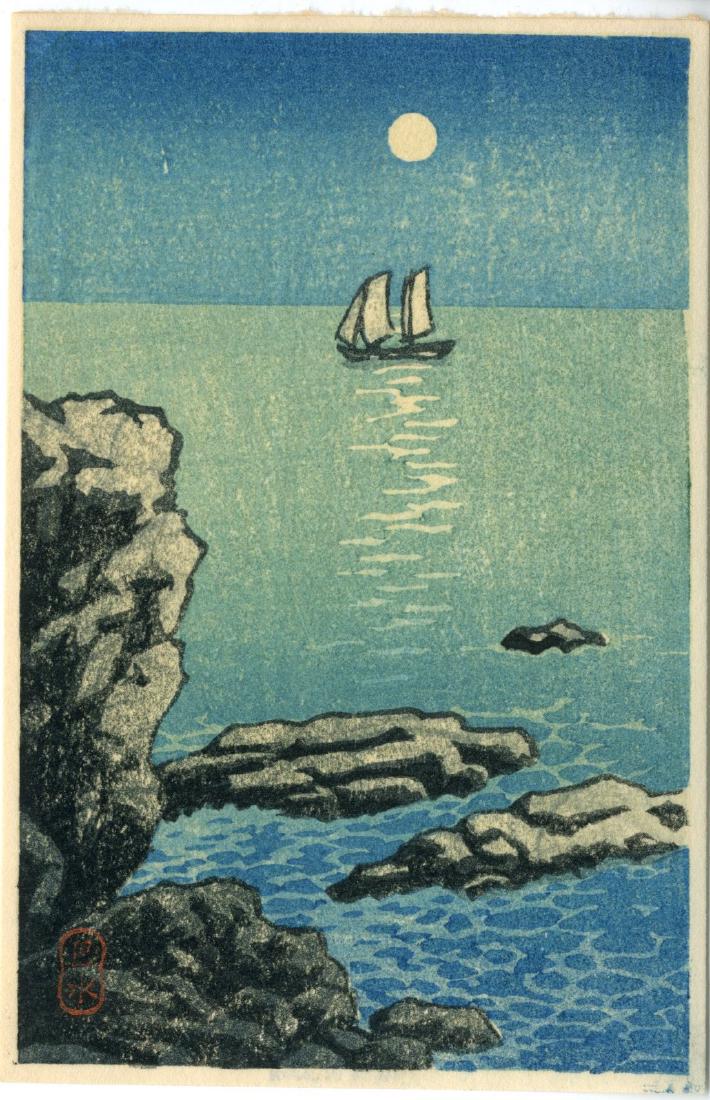 Hasui Kawase Woodblock Under the Moon: Artist: Hasui Kawase Title: Under the Moon Publisher: Watanabe Date: c. 1930's Medium: Japanese woodblock Size: 3.9 x 5.9 Made in Japan stamp verso Please note that this lot has a confidential reserve