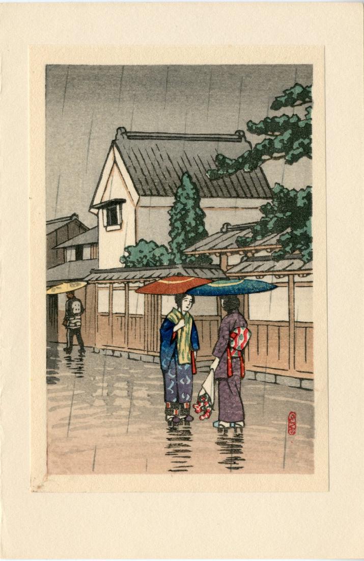 Hasui Kawase, After Woodblock Two Women on a Rainy: Artist: After Hasui Kawase Title: Two Women on a Rainy Street Publisher: Watanabe Date: c. 1950's Medium: Japanese woodblock Size: 3.8 x 5.7: image Postcard size print, ltly embossed. Tippe to a blank