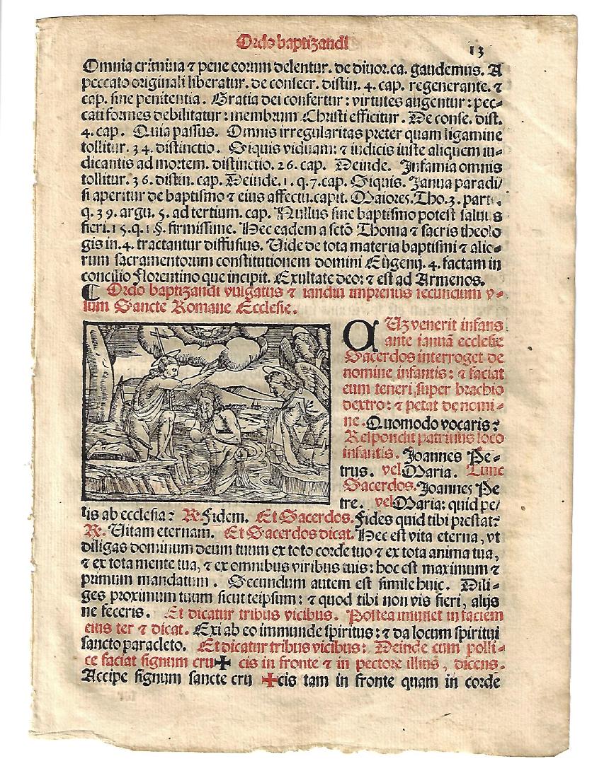 1567 Catholic Hymnal Leaf w/ Woodcut: 1567 Catholic hymnal leaf printed in red and black, with woodcut illustration from “Sacerdotal ad Consuetudinem Sacro Sancte…”, printed at Venice by Petri Liechtenstein. Fine, measures 6 x 8.5��