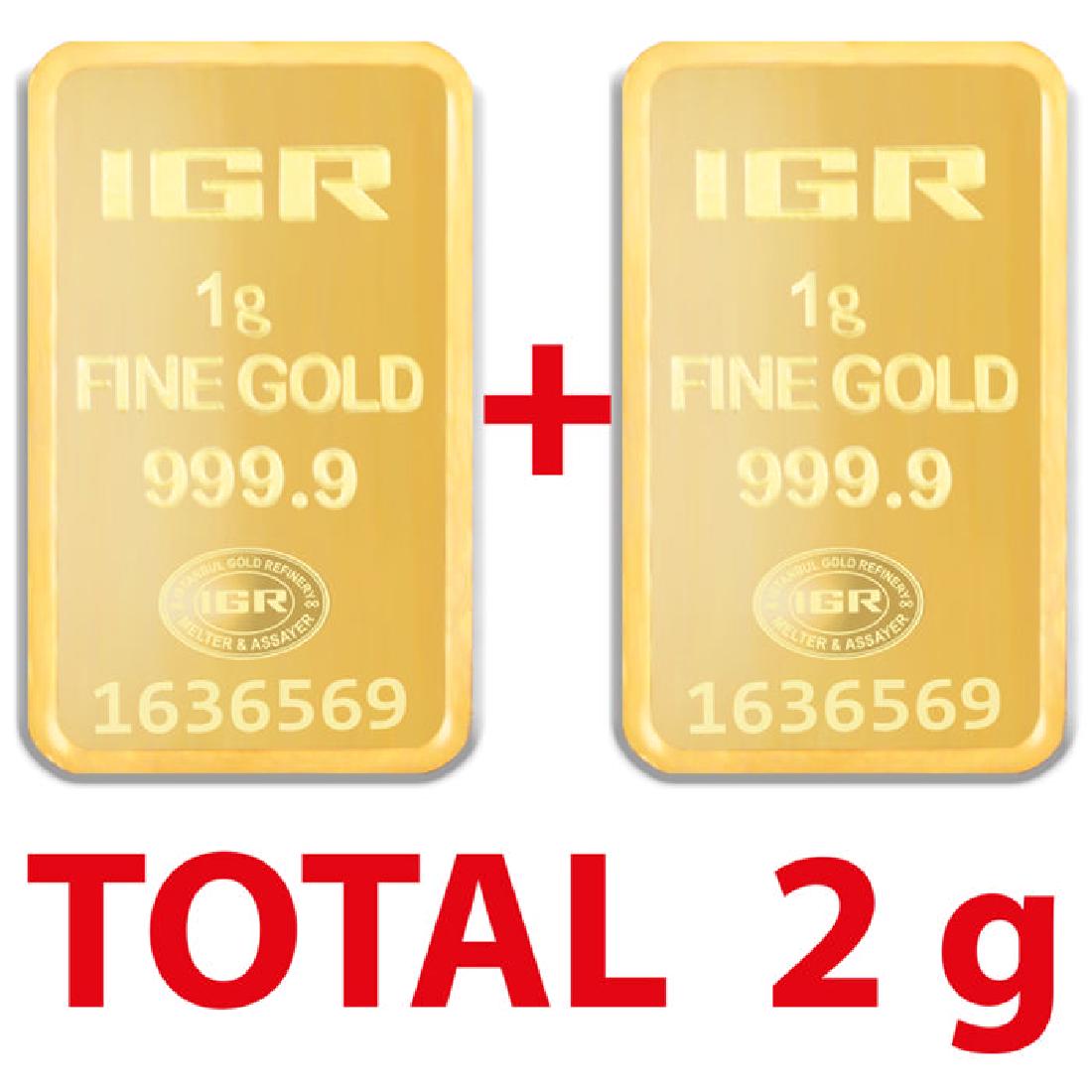 1 + 1 gr. total: 2 gr. - 999/1000 - Minted/ Sealed Gold: 1 + 1 gr. total: 2 gr. - 999/1000 - Minted/ Sealed Gold Bars 1+1 2 pieces Sealed Fine Bullion Gold Bars TOTAL 2g Manufacturer: Istanbul Gold Refinery shipped item might have a different serial number 