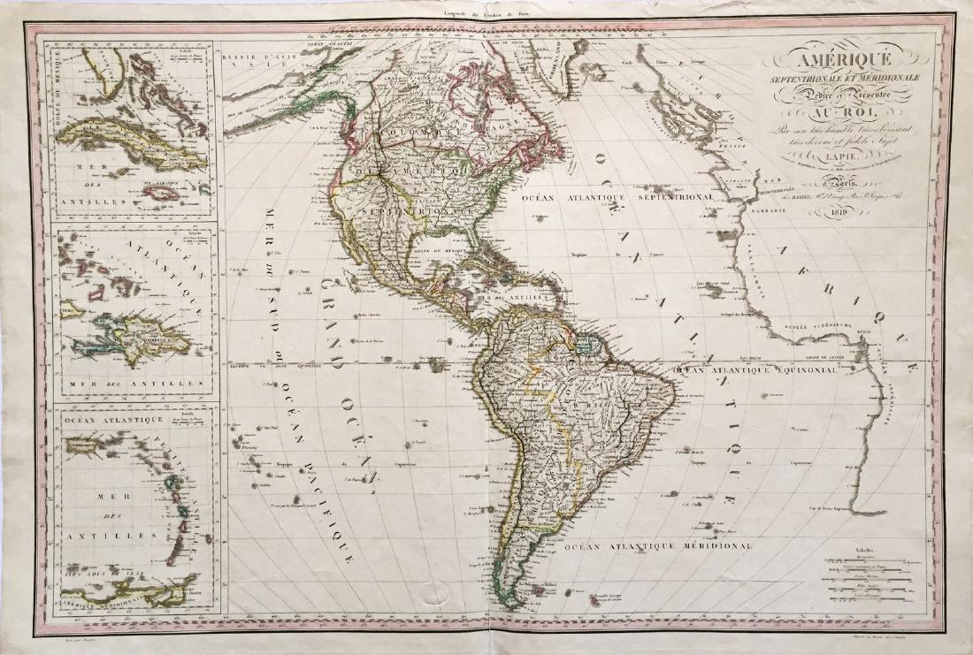 Lapie: Western Hemisphere with Caribbean Island Insets: Map Title: Amerique Septentrionale et Meridionale Dediee et Presentee au Roi. Cartographer: P. Lapie Place / Date: Paris / 1819 Size: 29" x 20" Condition: outline color; light overall age toning; repa