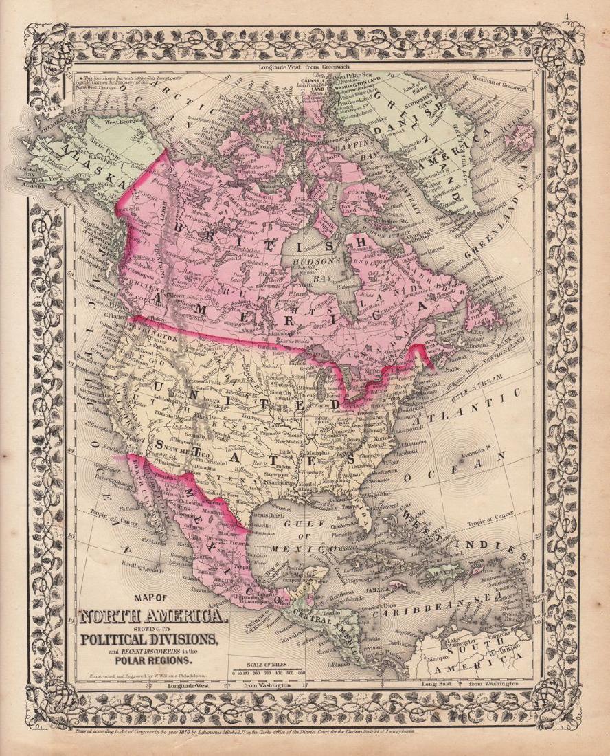Mitchell: Political Map of North America: Map Title: Map of North America showing its Political Divisions Cartographer: S. A. Mitchell Place / Date: Philadelphia / 1870 Size: 10 1/2" x 13 1/2" Condition: full color; light overall age toning; 