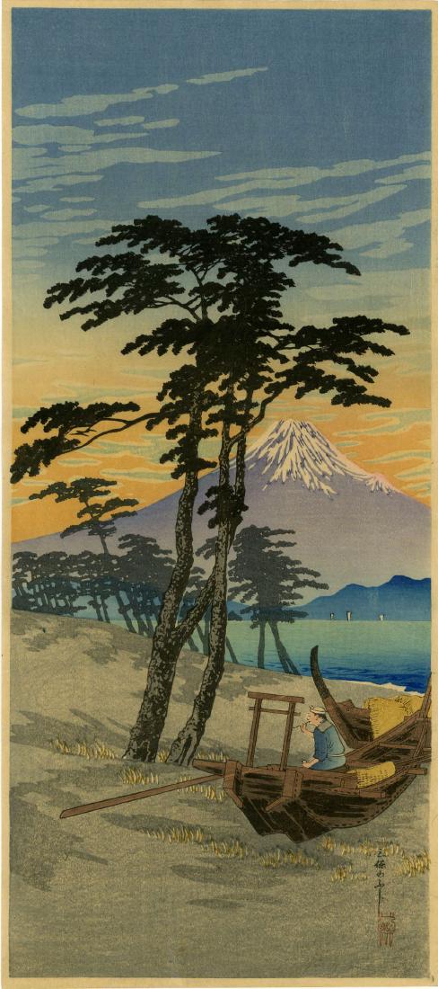 Shotei Takahashi (Hiroaki) Woodblock Mt. Fuji From Miho: Artist: Shotei Takahashi (Hiroaki) Title: Mt. Fuji From Miho Publisher: Watanabe Date: 1936 Medium: Japanese woodblock print Size: ohosoban, 6.75 x 15 Provenance: from the estate of Robert O. Muller.