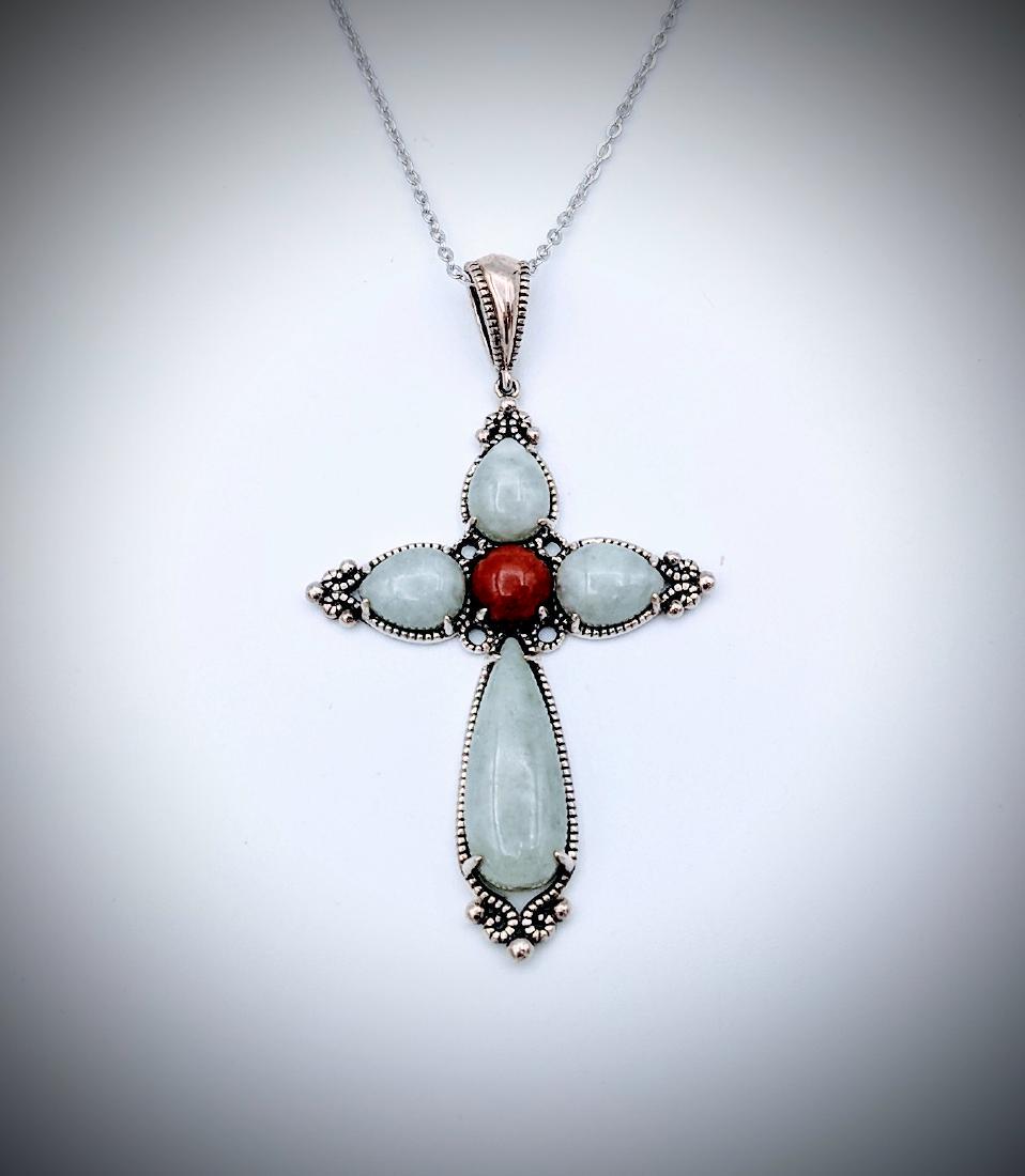 Sterling Silver Necklace & Pendant w Jade & Jasper (1 of 3)