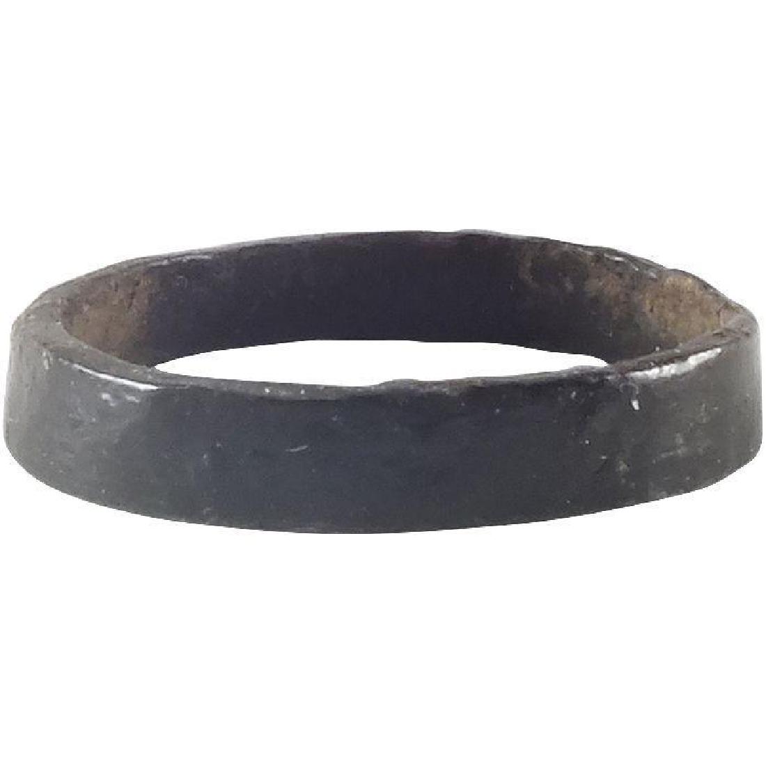 VIKING WOMAN’S WEDDING RING 9th-10th CENTURY AD: Bronze, originally gilt, small size 3/4. Medium width of flat section. Good rich patina. Vikings exchanged rings on the pommel of the groom’s sword. No Reserve: This lot starts at $1 and has no rese
