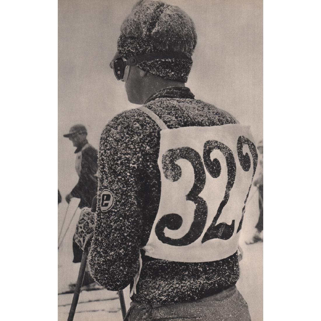 HERBERT MATTER - Snow storm during a race: Artist: HERBERT MATTER Print Title: Snow storm during a race Medium: Sheet-fed Gravure Printing Date: 1930's Printed in France Image size approx. 7.5 x 11.5 inches Herbert Matter (1907-1984) was a Swi