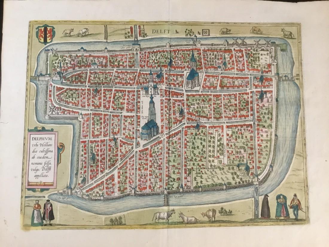 Delft the city of Vermeer: Title/Content of Map: Delft the city of Vermeer Date: 1572-1617 Size: 22 1/2 x 18” from the Civitates Orbis Terrarum by Braun & Hogenberg, Cologne. Hand colored Please note that this lot has a confi