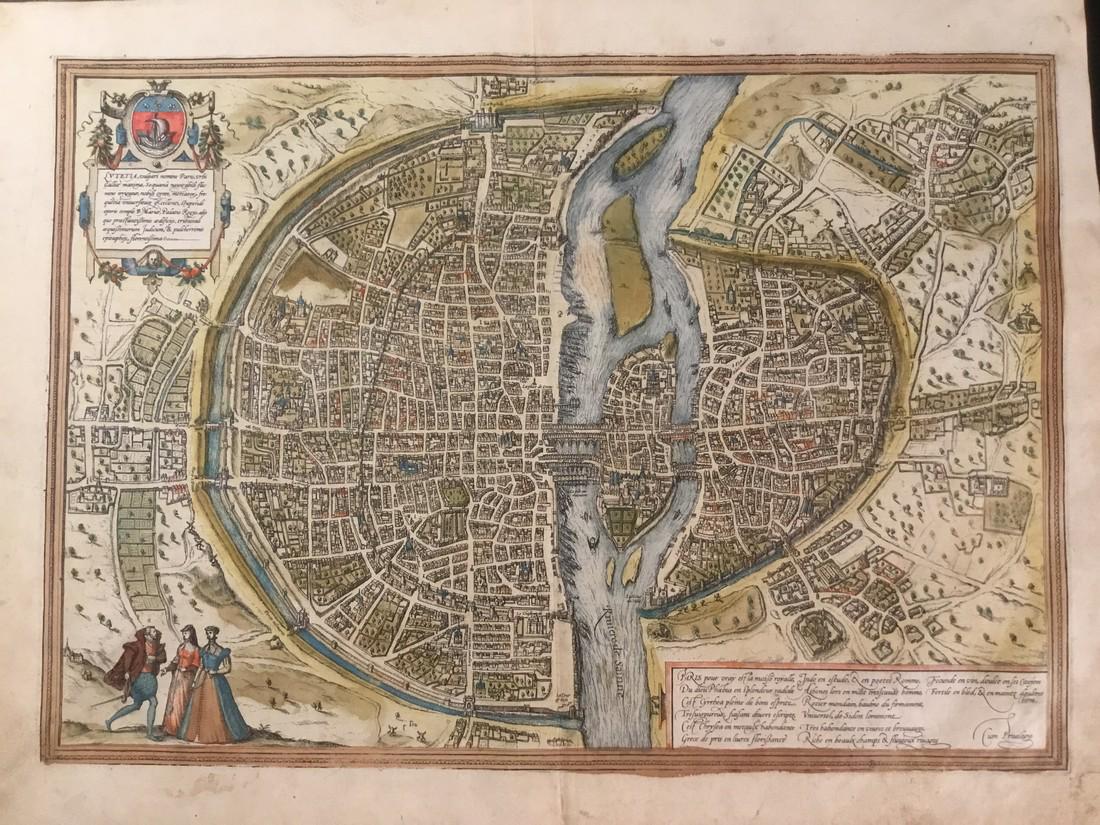Paris, extremely sought after renaissance view.: Title/Content of Map: Paris, extremely sought after renaissance view. Date: 1572-1617 Size: 21x16 1/2” by Braun & Hogenberg from the Civitates Orbis Terrarum, Cologne, hand colored. Please note that
