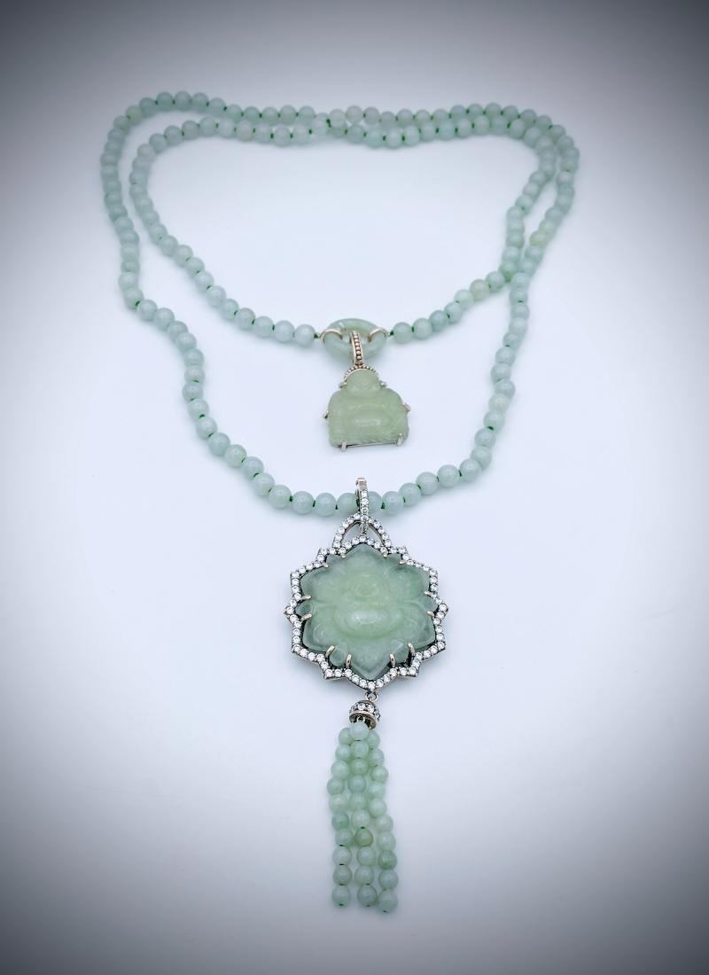 Beaded Jade Necklace w 2 Buddha Pendants & CZ (1 of 3)