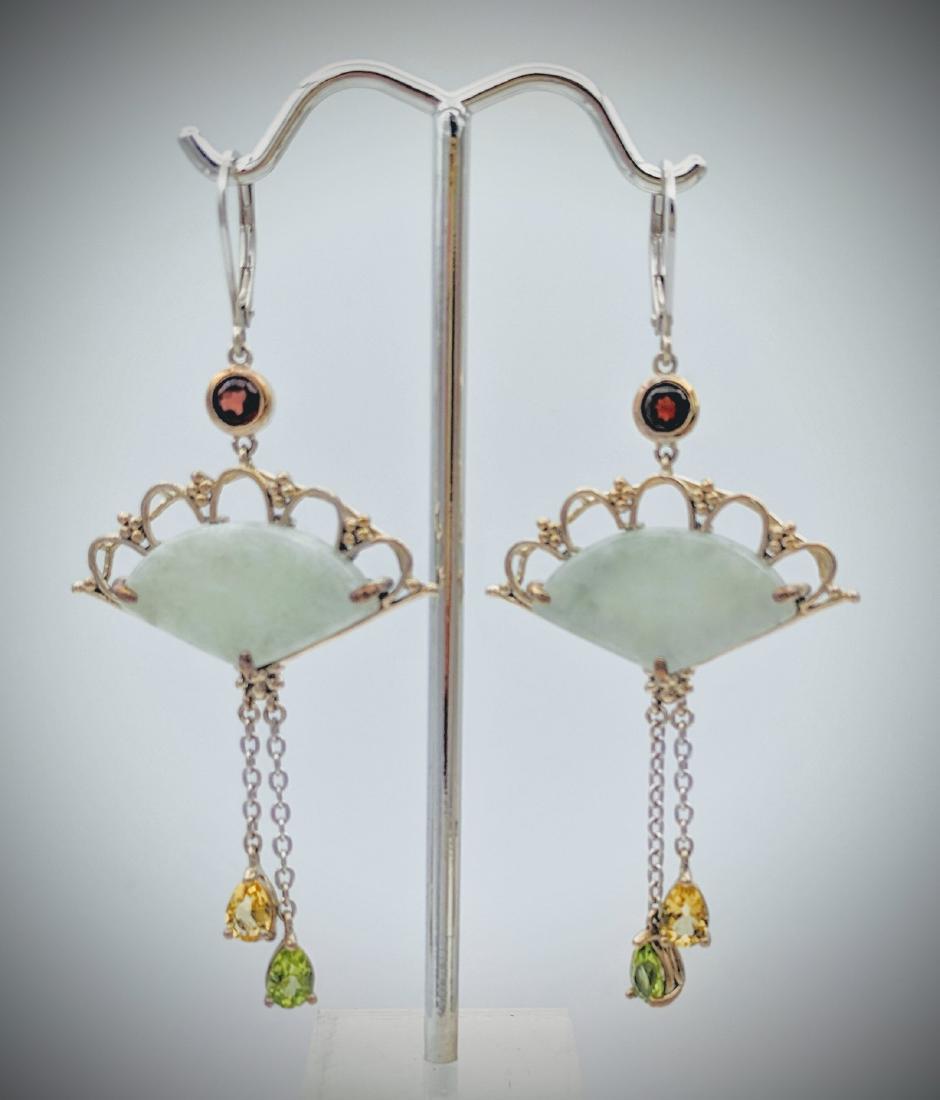 Sterling Silver Hand Fan Designed Earrings w Jade, (1 of 3)
