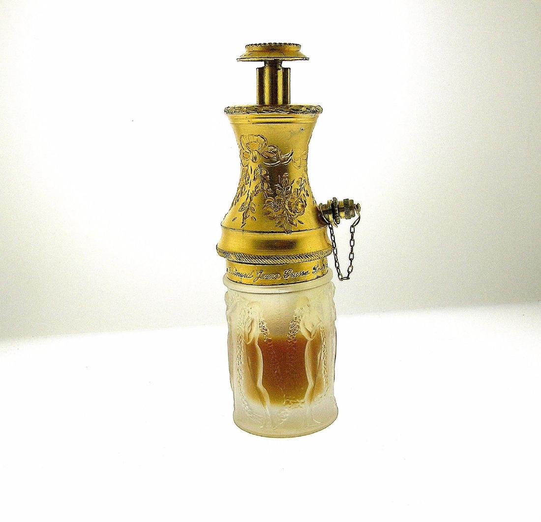 1923 RENE LALIQUE MOLINARD PERFUME BOTTLE/ATOMIZER -: This listing is for very rare and hard to find 1923 Molinar perfume bottle/atomizer with Rene Lalique frosted/acid etched glass container. Gilded metal pump. Size approx. 4 3/4" in height and 1 1/4" i