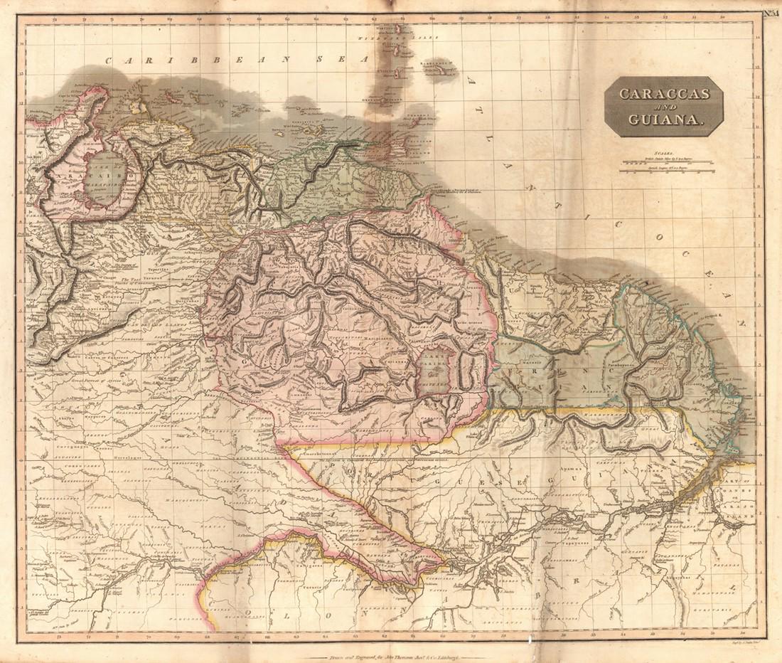 Caraccas and Guiana.: Map: Caraccas and Guiana. Date: 1817 Cartographer: THOMSON, JOHN & CO. Publisher: JOHN THOMSON, JUNR. & CO. Size (inches): 19.5x23.5 No.54 from Thomson's New General Atlas 1817. J. Moffat sc. Polar pr