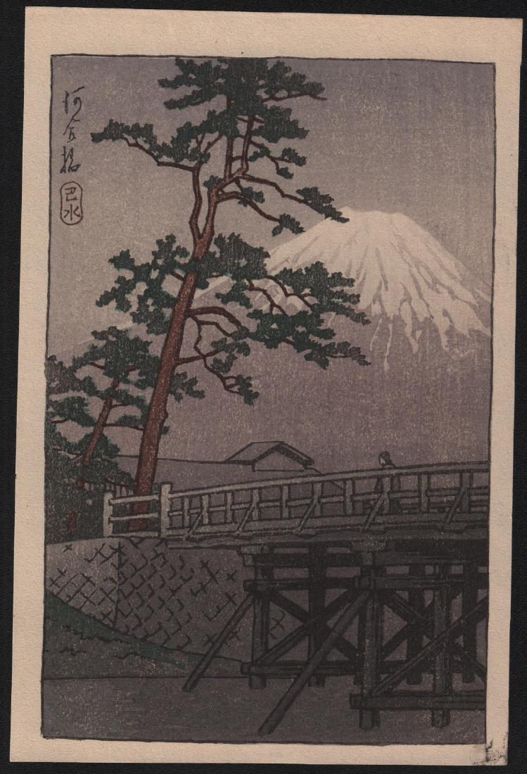 Kawase Hasui Woodblock Mt. Fuji and Kawai Bridge: Artist: Kawase Hasui. Subject: Mt.Fuji and Kawai Bridge. Date: c.1930’s. Medium: Japanese Woodblock Print Size: Koban design measures 5.25" x 7.75". Condition: Excellent color, impression, condition
