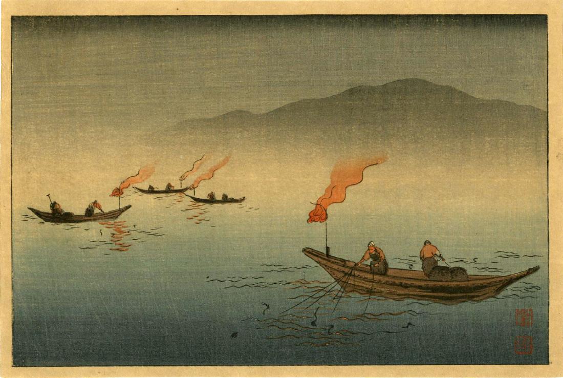 Koho Shoda Woodblock Cormorant Fishing at Night: Artist: Koho Shoda Title: Cormorant Fishing at Night Publisher: Hasegawa Date: 1920s Medium: Japanese Woodblock Print Size: 8.25 x 5.6 inches Provenance: From the estate of Robert O. Muller. Several b