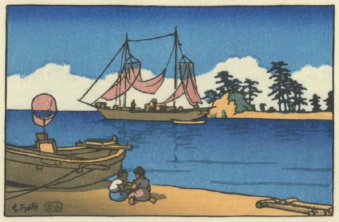 Hasui Kawase Woodblock Children Playing on the Beach: Artist: Hasui Kawase Title: Children Playing on the Beach Publisher: Watanabe Date: 1930s Medium: Japanese Woodblock Print Size: 5.5 x 3.6 inches Please note that this lot has a confidential reserve. 