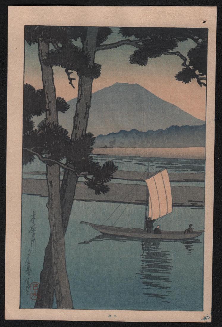 Kawase Hasui Woodblock Kiso River: Artist: Kawase Hasui. Subject: Kiso River. Date: c.1930’s. Medium: Japanese Woodblock Print Size: Koban design measures 5.25" x 7.75". Condition: Excellent color, impression, condition. Please note 