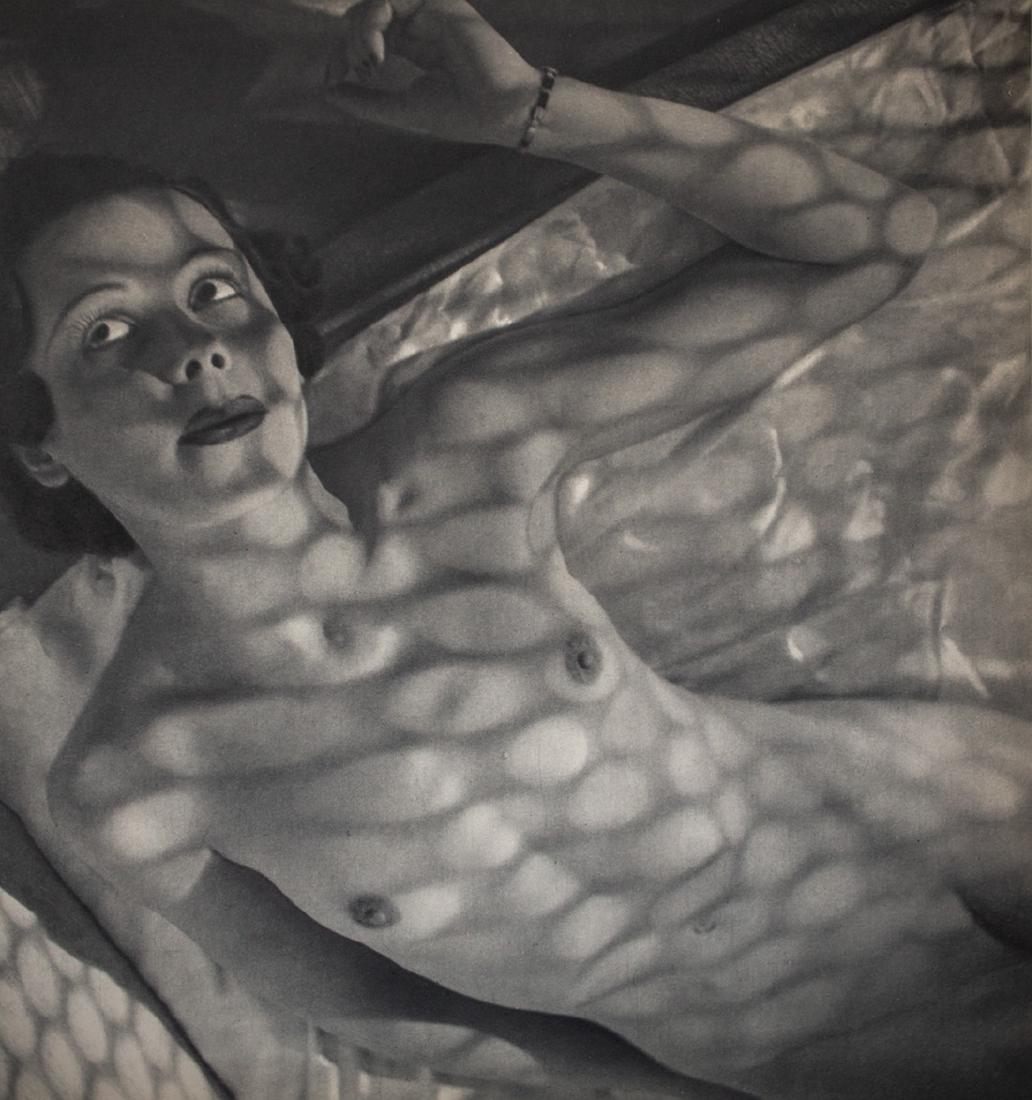 PIERRE BOUCHER - Naked With Shadows: Artist: Boucher, Pierre Title: Naked With Shadows Medium: Sheet Fed Gravure, 1950s, France Dimensions: 8x8.5" Heat Wax Mounted on 12x16" Conservation Board Pierre Boucher (1908 - 2000) was a French ph