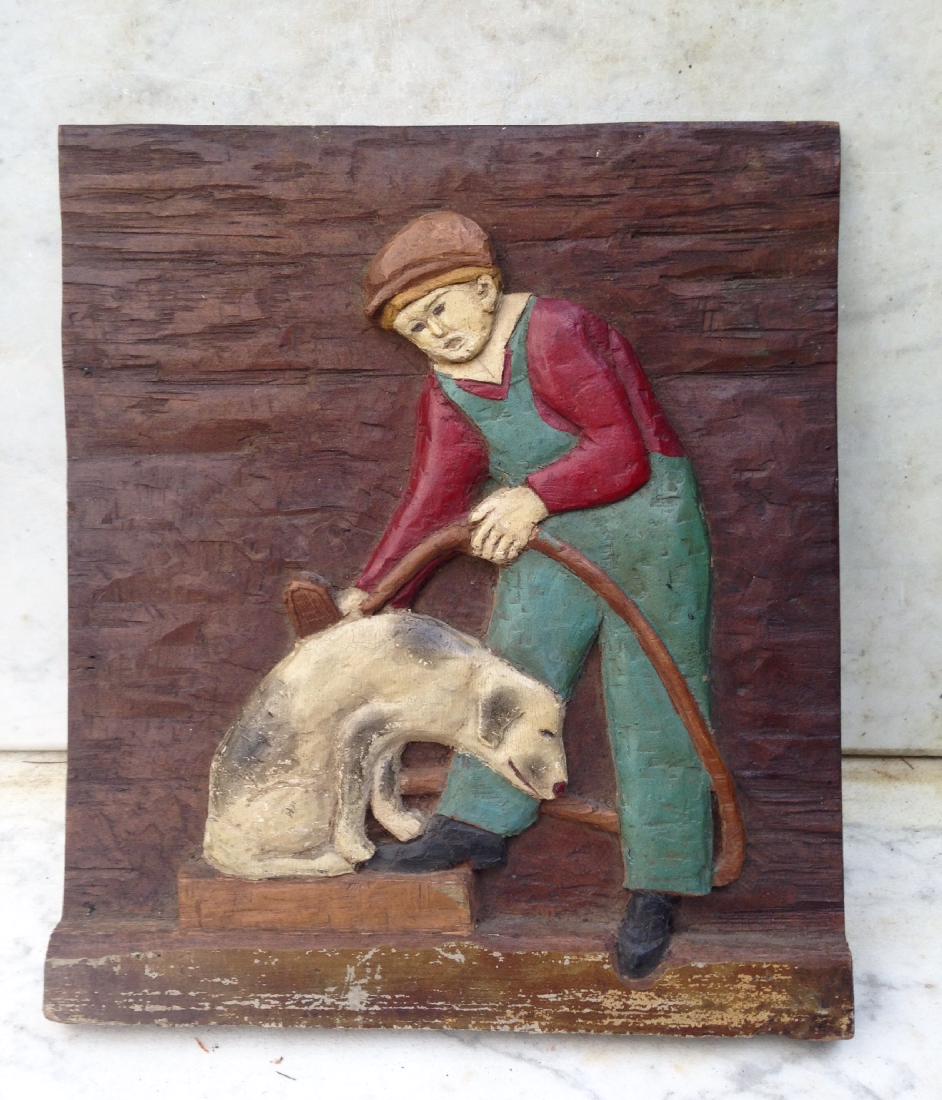 Folk Art Deep Relief Carving of a Boy Washing His Happy (1 of 5)