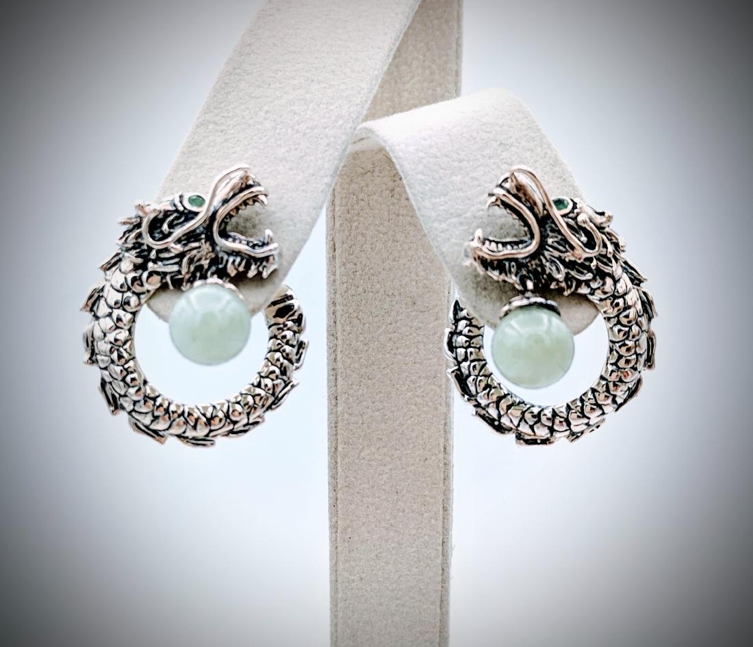 Sterling Silver Dragon Earrings w Raw Emerald & Dangly (1 of 3)