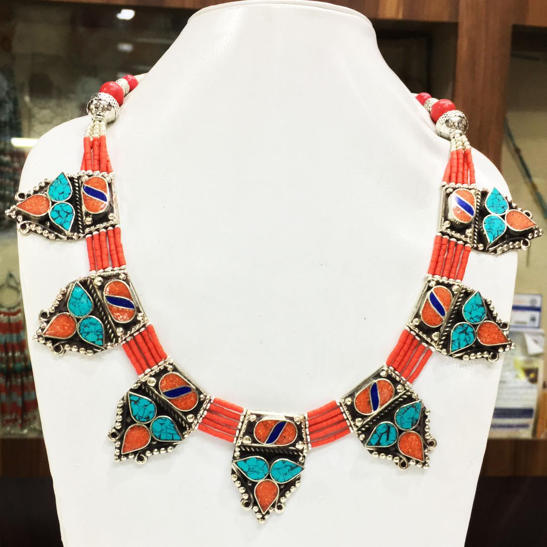 Nepalese Big Tibetan Silver Tibetan Women's: Item: Nepalese Big Tibetan Silver Tibetan Women's Turquoise-Lapis-Coral Necklace Handmade Origin: Tibetan Metal Purity: Tibetan silver Gemstones: Turquoise & Coral Size (inches): 20 Please note that t