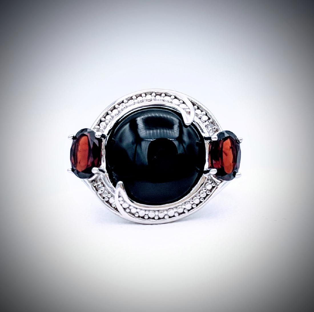 Sterling Silver Ring Sz 7 w Diamond, Black Onyx & Red (1 of 3)