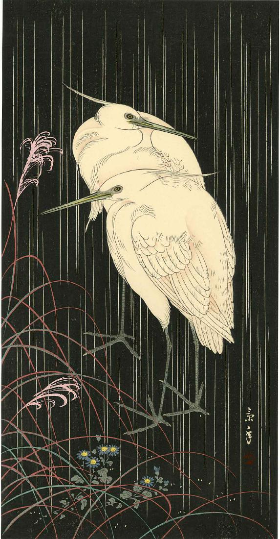Keinen Imao Woodblock  Two Egrets on a Rainy Night (1 of 3)