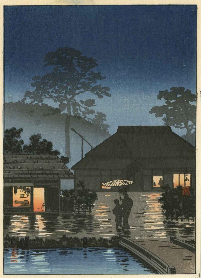 Koitsu Tsuchiya Woodblock Long Spell of Rain: Artist: Koitsu Tsuchiya Title: Long Spell of Rain Publisher: Takamura Date: 1930s Medium: Japanese woodblock print Size: chuban, 7 x 12 TSUCHIYA KOITSU (1870-1949) was born in Hamamatsu, Shizuoka pref