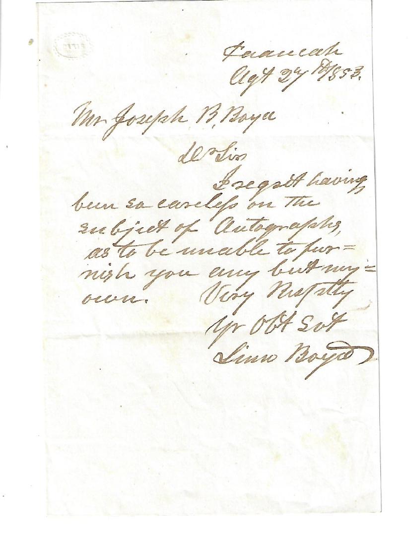 Autograph Note Signed of Linn Boyd Kentucky: Autograph Note Signed by Linn Boyd (1800-1859), prominent Kentucky politician who served as speaker of the United States House of Representatives. Fine condition, measures 4.75 x 7.5". Please note tha