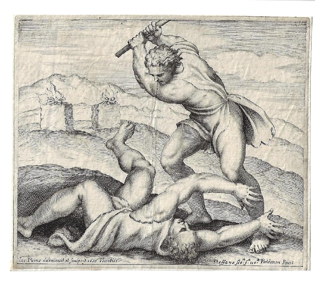 1656 Fine Piccini Engraving Cain and Abel: 1656 engraving Cain raising a club to kill Abel, by Giacomo Piccini after Pordenone. Published by Scolari at Venice. Very Good, crease, measures 7.25 x 6.25". Please note that this lot has a confident