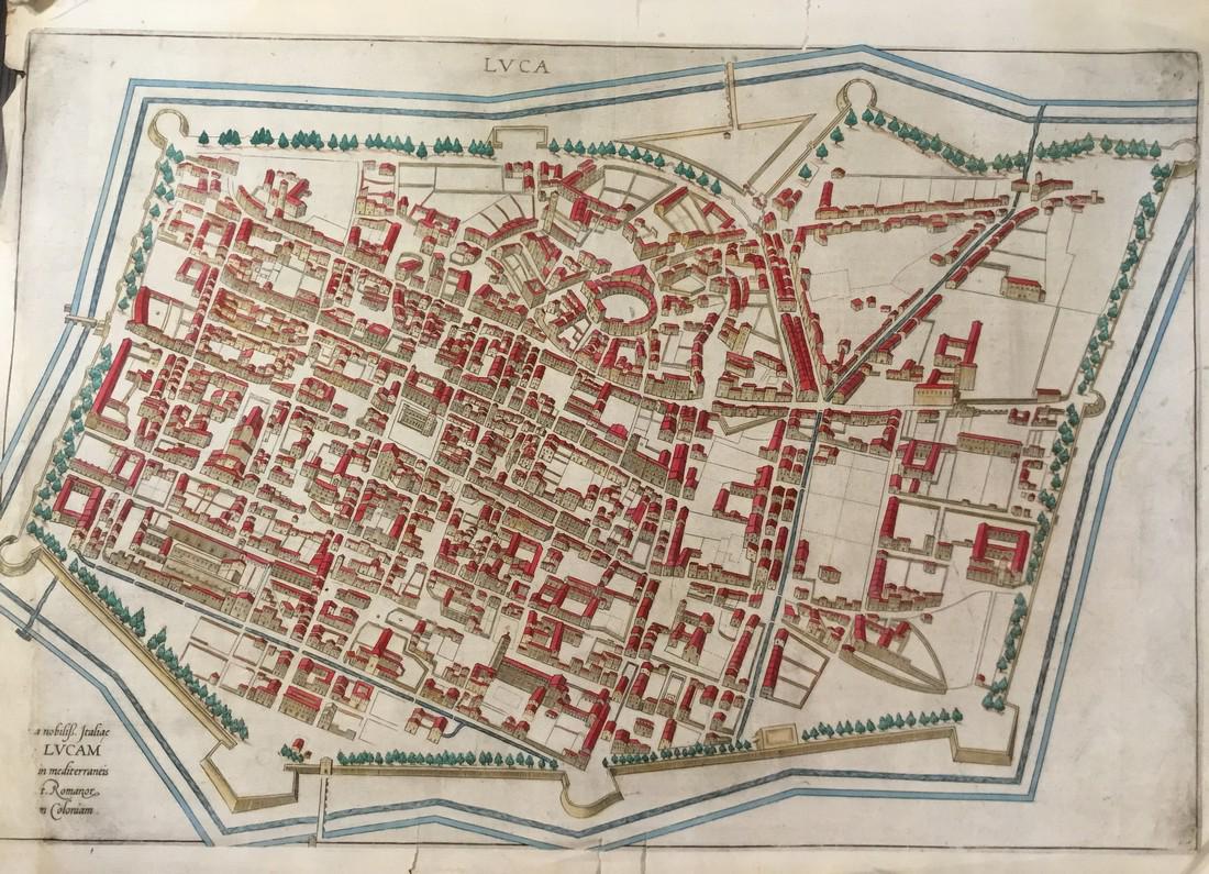 Lucca (Tuscany, Italy): Title/Content of Map: Lucca (Tuscany, Italy) Date: 1572-1617 Size: 21 1/2 x 16Â” from the Civitates Orbis Terrarum, by Braun & Hogenberg, Cologne. Hand colored. Some tears on bottom and top. Effect