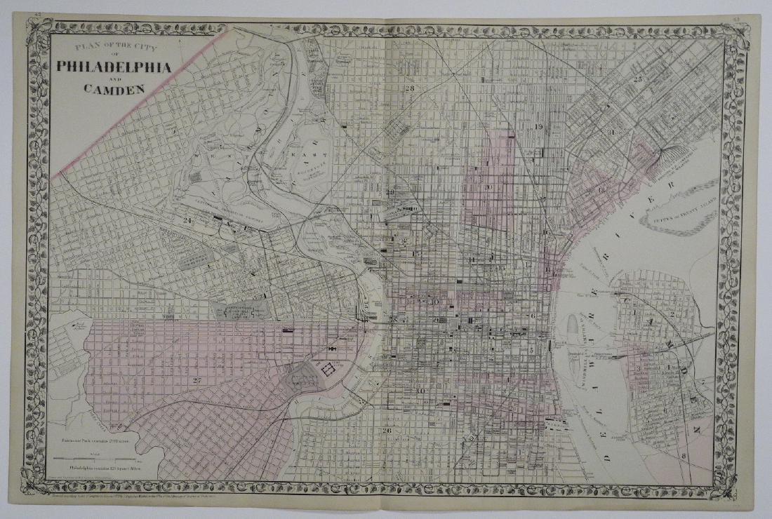 Plan of the City of Philadelphia and Camden: Title: Plan of the City of Philadelphia and Camden Publication Date: 1879 ca. Cartographer: GAMBLE, W. H. Publisher: S. Augustus Mitchell, Jr. Size: 13.75x20.6 The city shown north to Allegheny Avenue