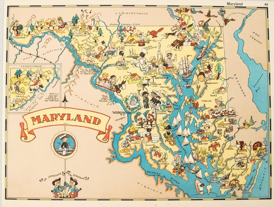 1938 R Taylor White Pictorial Map of Maryland --: Title/Content of Map: 1938 R Taylor White Pictorial Map of Maryland -- Maryland Date: 1938, Boston Cartographer: Ruth Taylor White Size: 11.6 x 8.5 in. This is Ruth Taylor White's charming pictorial m