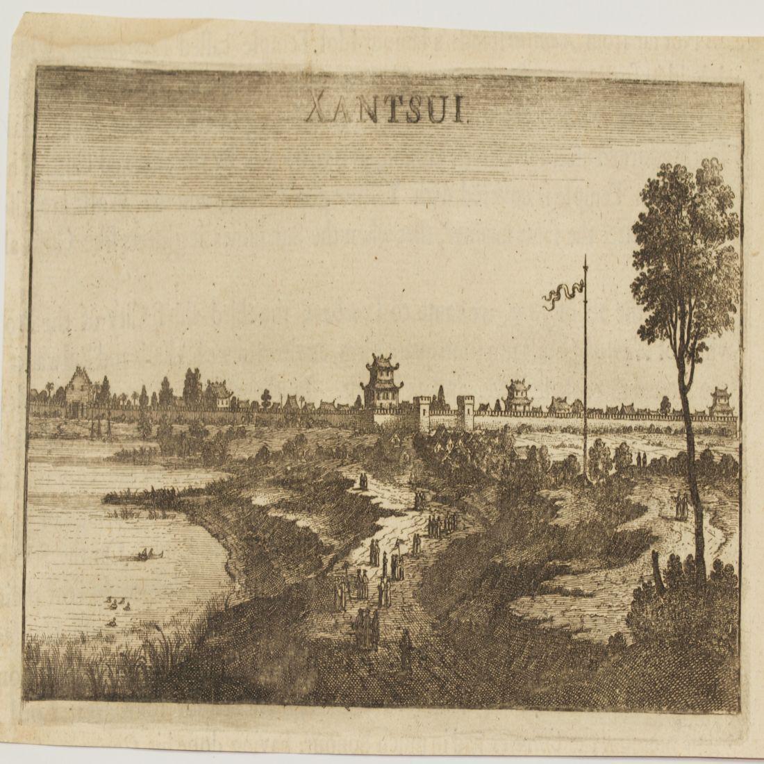 View Xantsui China 1673 Copper etching Nieuhoff: Title/Content of Map: View Xantsui China 1673 Copper etching Nieuhoff Date Printed: 1673 Cartographer: Johan Nieuhoff (1618-1672) Material/Medium: Copper etching Size: Leaf Dimension: 11x18 cm (4.3x7.