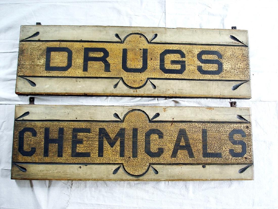 Pair of Wood Carved Drug Store Trade Signs Maine Origin (1 of 9)